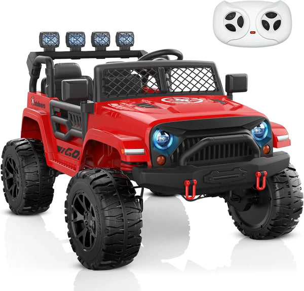 ANPABO 24V 2 Seater Ride on Toy Truck w/EVA Tires, 4X200W Motors, 4 Shock Absorbers, 2.4G Remote Control, Bluetooth Radio, LED Headlights & Searchlights, Electric Car for Kids 3-8,Bright red