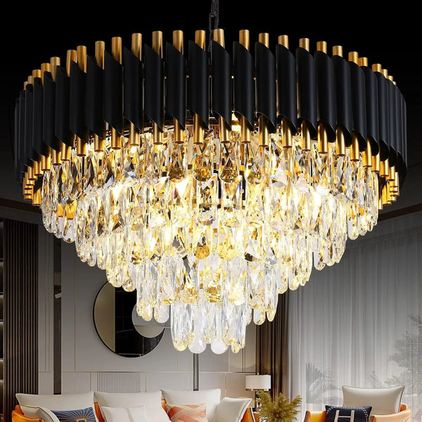 Gold Modern 5-Tier K9 Round Crystal Chandeliers - 12 Lights, Black, Large, Ceiling Light Fixture for Dining Room, Living Room, Bedroom, Entryway - W24in
