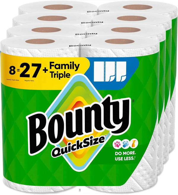 Bounty Quick-Size Paper Towels, White, 8 Family Triple Rolls = 27 Regular Rolls