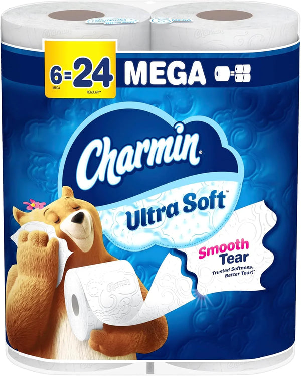 Charmin Ultra Soft Toilet Paper 6 Mega Rolls, 224 Sheets Per Roll, 1.5 pounds