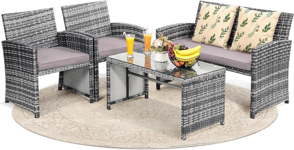 4 Pieces Rattan Patio Furniture Set,Outside Sectional Conversation Cushioned Sofa Set, Wicker Sofa Ideal for Garden, Porch, Backyard, Grey Rattan with Light Grey Cushion