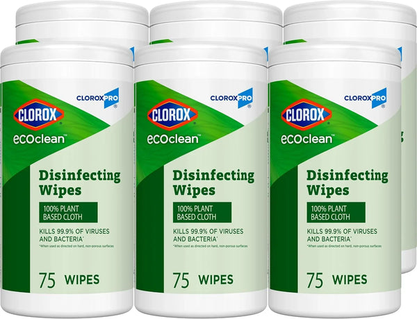 CloroxPro Clorox EcoClean Disinfecting Wipes, Multipurpose 100% Plant Based Cleaning Cloths, Antibacterial Disinfectant, Safe for Multi Surface Use, 75 Count (Pack of 6)