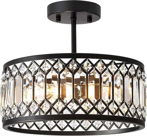 Crystal Black Ceiling Light, Modern Semi Flush Mount Ceiling Lighting Fixture, Round Hallway Lighting Fixtures Chandelier for Kitchen Entryway Bedroom Dining Room, 3-Light, 12.2 Inch