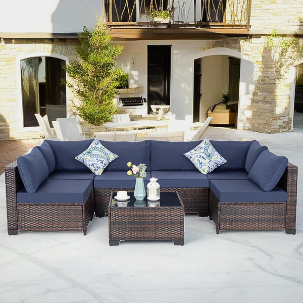 7 Pieces Outdoor Patio Furniture Set Wicker Rattan All Weather Sectional Sofa Conversation Sets with Thickened Cushions and Glass Table for Backyard Garden Poolside (Brown/Blue)