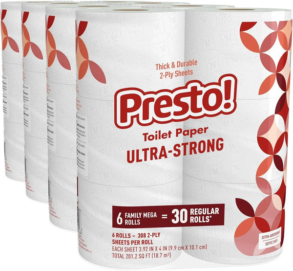 Amazon Brand - Presto! 2-Ply Ultra-Strong Toilet Paper, 24 Mega Rolls Toilet Paper = 120 regular rolls, 308 Sheet (Pack of 24), Unscented