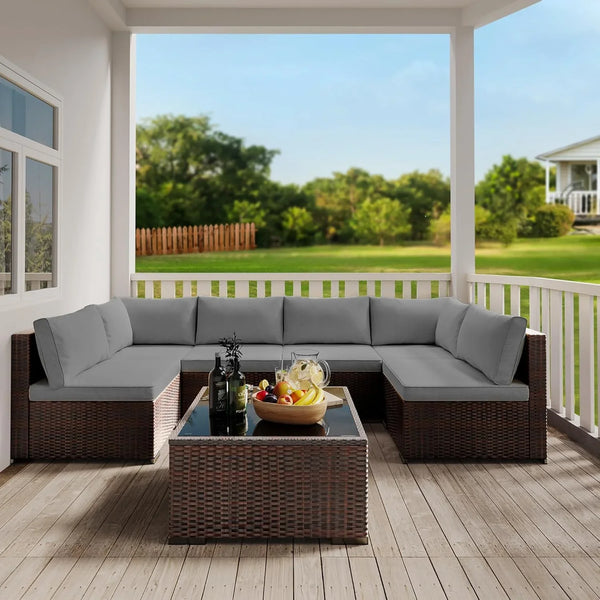 7 Pieces Patio Furniture Set, Outdoor Sectional Rattan Sofa Set, Wicker Patio Conversation Set with Cushions and Glass Coffee Table, for Balcony, Porch, Garden, Grey