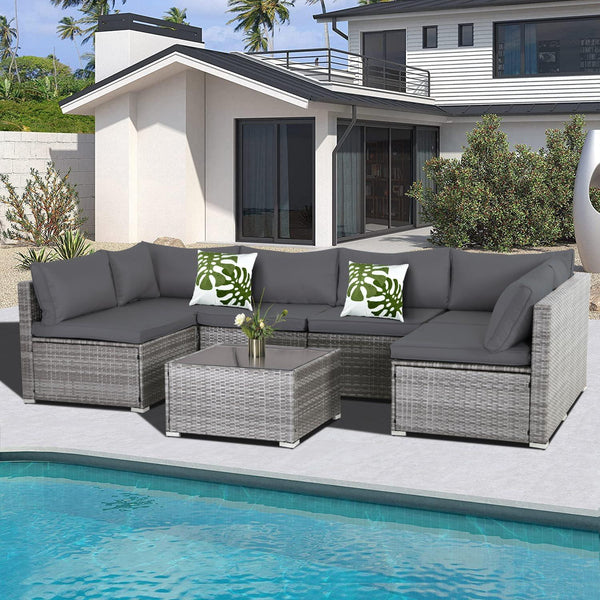7 Pieces Patio Furniture Set, Modular Patio Set Wicker Outdoor Sectional Sofa Set PE Rattan Wicker Patio Conversation Set with Thickened Cushions and Coffee Table,Gray Wicker/Gray Cushion