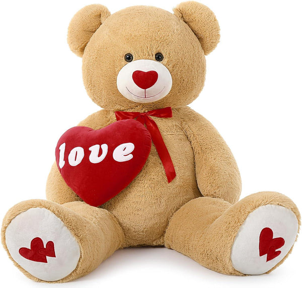 MorisMos Love Heart Giant Teddy Bear 4ft, 51inch Red Heart Large Bear for Girlfriend, Soft Valentine Stuffed Animals Plush Gift for Boyfriend Kids, Brown