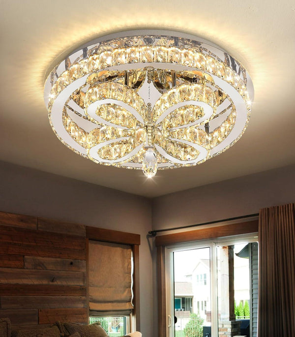 Modern Crystal Chandelier LED 2-Tier Flush Mount Ceiling Lighting Dimmable Pendant Light for Living Room Bedroom Dining Room Entryway Hallway