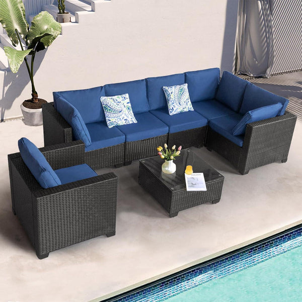 7 Pieces Outdoor Patio Furniture Sets, PE Wicker Rattan Conversation Sets Outdoor Sectional Sofa for Backyard Lawn Garden Porch Poolside (Black Blue)