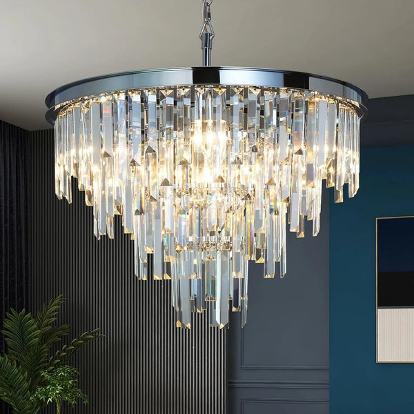 Chrome Top K9 Crystal Chandelier Modern Lighting Fixture, 9 Lights Round K9 Crystal Adjustable Hanging Lamp for Dining Room Bedroom Living Room,Hallway,Bar,Kitchen W24''