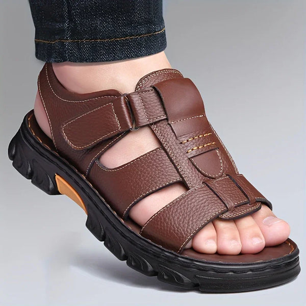2025 New Men's Genuine Leather Casual Beach Sandals - Slip-On Adjustable Straps, Soft PU Sole, Breathable Summer Vacation Shoes for Driving & Outdoor Activities (Solid Color), Summer Sandals