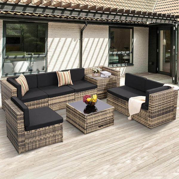 8 Piece Outdoor Wicker Patio Furniture Sectional Set, Glass Top Table with Hidden Storage, Includes 7 Seating Components, Natural Rattan with Black Overstuffed Cushions