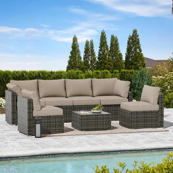 7-Piece Patio Furniture Set With Glass Table, All-Weather PE Wicker Couch Sectional, Ottoman for Garden/Backyard, Grey