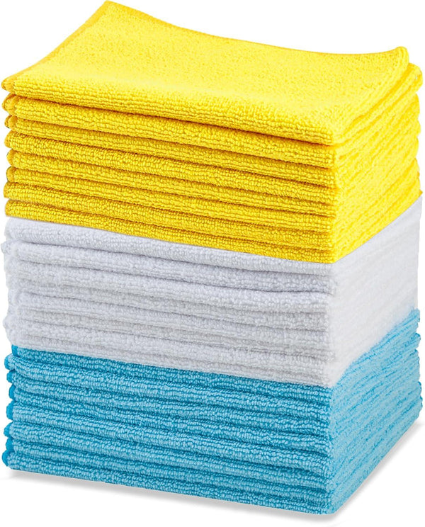 Amazon Basics Microfiber Cleaning Cloths, Lint Free, Absorbent, Streak Free, Non-Abrasive, Reusable and Washable, Pack of 24, Blue/White/Yellow, 16" x 12"