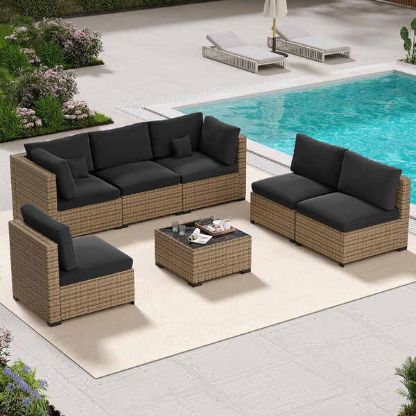 7 Piece Patio Furniture Set, Outdoor Furniture Patio Sectional Sofa Set, All Weather PE Rattan Outdoor with Black Cushion and Glass Table