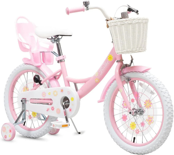 ACEGER 18 Inch Girls Bike with Basket, Training Wheels, and Doll Seat, Princess Style for Ages 9-12, Pink and White