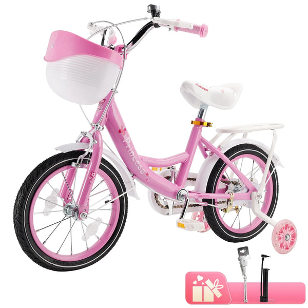 ARTUDATECH Girls Bike for Toddlers and Kids Ages 4-9 Years Old, 16 18 Inch Kids Bike with Flashing Training Wheels & Basket,Girls Bicycle with Handbrake & Kickstand, Pink/Purple