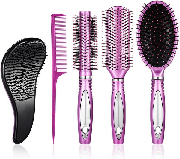 Abaima 5 Pieces Hair Brush Comb Set Detangling Paddle Brush Round Hair Tail Comb Wet Dry Brush for Women Men Hair Styling(Purple)
