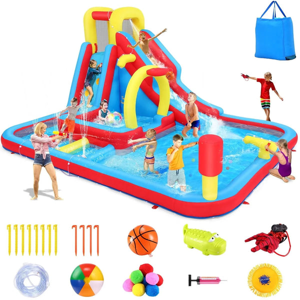 Adnoom Bounce House Water Slide with Basketball Hoop, Kids Inflatable Castle with Obstacle Course, Dual Pools, Climbing Wall & Water Cannons, Jumping Castle without Blower, Indoor/Outdoor