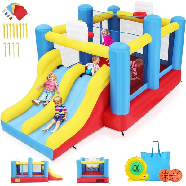 Adnoom Inflatable Bounce House with 550W Blower, Large Bounce Castle with 2 Basketball Hoops, Removable Volleyball Net and Double Slides, Indoor Outdoor Bouncy House for 4 Kids, 181" x 94.5" x 90.6"