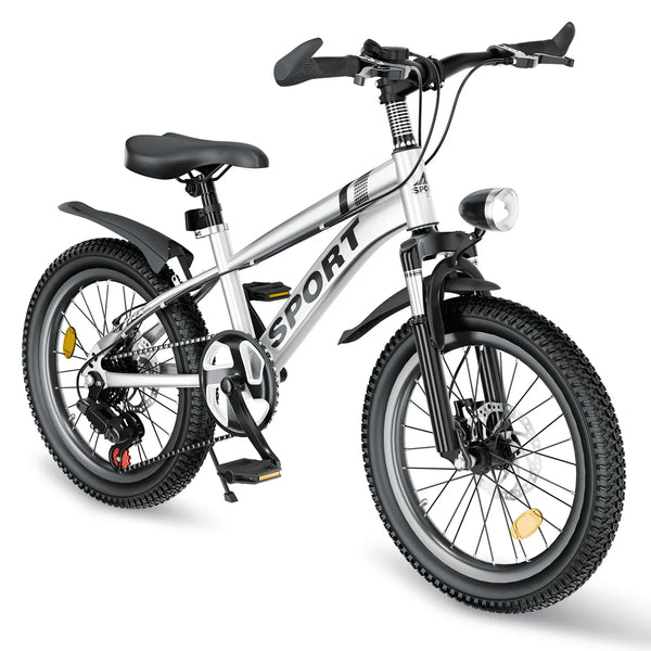 Alvantor 20" Mountain Bike with LED Lights, High Carbon Steel Bicycle, 7-Speed Gears, Teen, Unisex Silver
