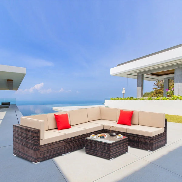 BAYUELSWU 7-Piece Patio Furniture Set, Outdoor Wicker Conversation Set, All Weather PE Rattan Sectional Sofa Set with Cushions and Tempered Glass Top Coffee Table, Pillows