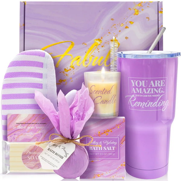 BFFLOVE Spa Gift Sets for Women, Sister, Mom, Friends | Luxury 7 Pcs Lavender Bath Set for Birthday with a Stainless Steel Tumbler