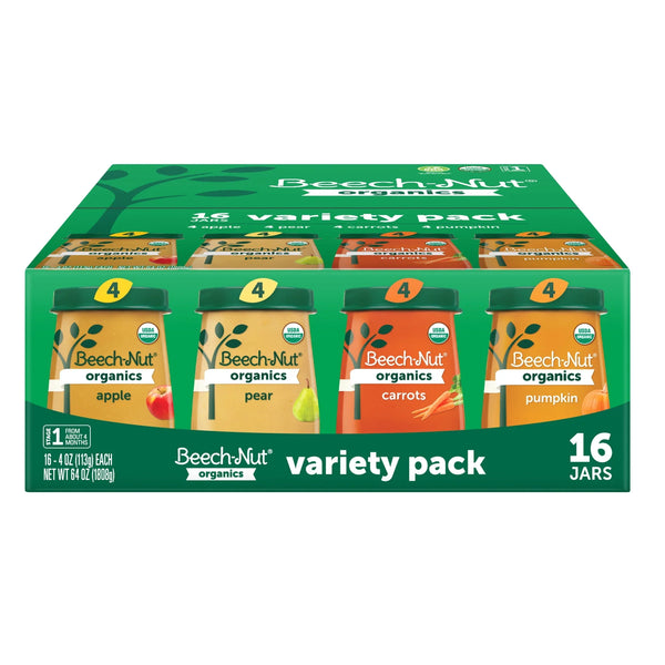Beech-Nut Organics Stage 1 Baby Food Variety Pack, Fruit & Vegetable, 4oz Jar (16 Pack)