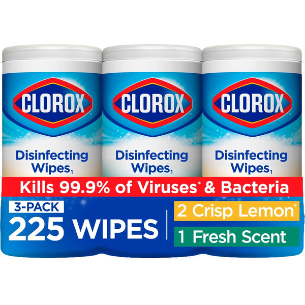 Clorox Disinfecting and Cleaning Wipes, Crisp Lemon and Fresh Scent, 75 Count Each, 3 Pack