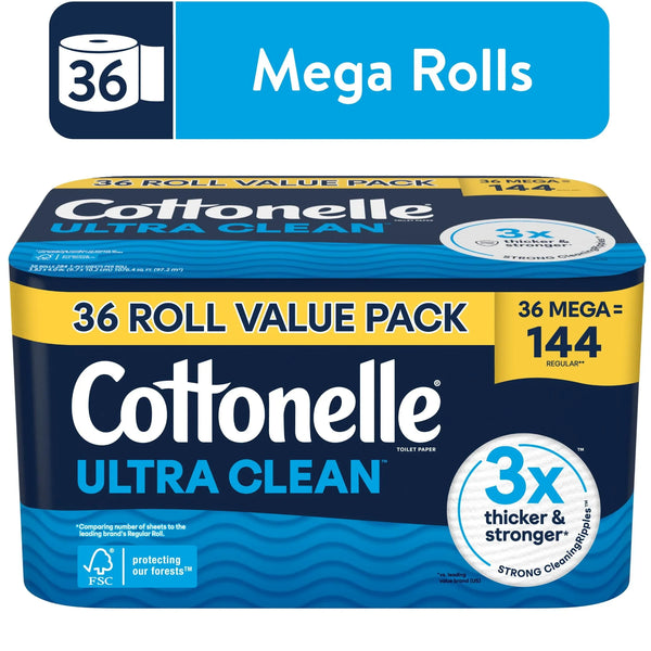 Cottonelle Ultra Clean Toilet Paper, Strong Toilet Tissue, 36 Mega Rolls