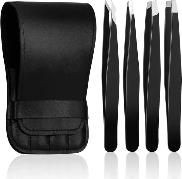 4 Pcs Tweezers Set, Stainless Steel Hair Removal Makeup Tool, Gift, Black