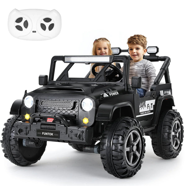 FUNTOK 24 Volt 2 Seater Kids Ride on Toys w/ 20 " Large Seat, 4 x 200W Motor Electric Vehicle Car, 4WD/2WD Switchable Battery Powered Ride on Truck, 3 Speeds with Remote Control & LED Lights, Black