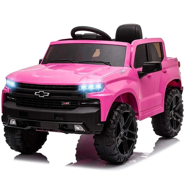 FUNTOK Licensed Chevrolet Silverado Kids Electric Ride on Toys,Battery Powered 12V Child Ride on Truck Car w/ Parent Remote Control and Storage Trunk, Pink