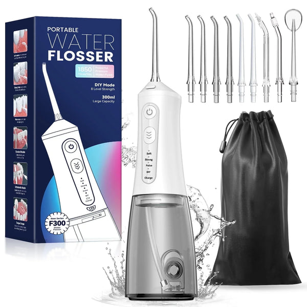 JTF Cordless Water Flosser Dental Teeth Cleaner with 9 Jet Tips, DIY Mode 300ML Tank IPX7 Waterproof Portable Rechargeable Water Pick Dental Oral Irrigator for Home and Travel, White