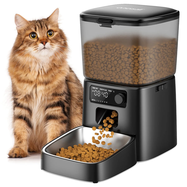 Oneisall FD-01 3.5L/12Cup Automatic Cat Feeder, Dual Power Auto Cat Feeder with Stainless Steel Bowl, Up to 36 Portions 6 Meals Per Day, Detachable Washable, Timed Feeder with Desiccant Bag - Black