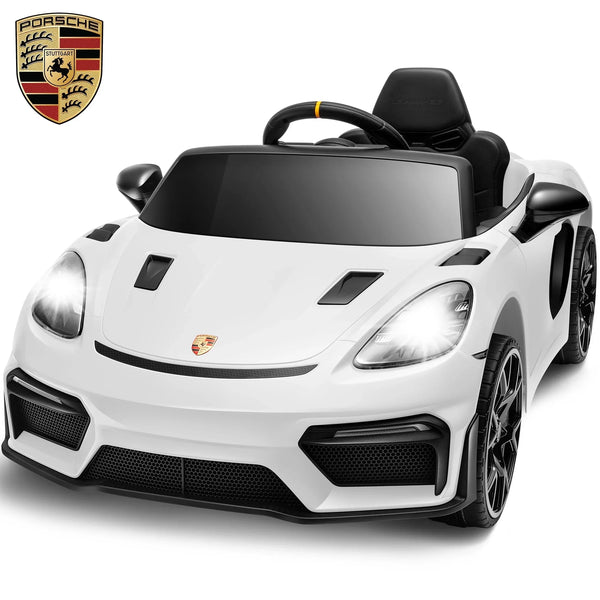 Porsche 718 12V Powered Ride on Toys, Kids Ride on Cars Sports Car with Remote Control, 4 Wheel Suspension, Bluetooth, Music, LED, Safety Belts, Electric Car for Toddler 3-6 Yrs Boy Girl Gift, White