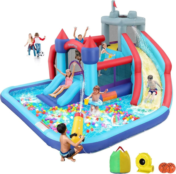 Veeboto Inflatable Bounce House for Toddlers with Blower, Inflatable Water Slide with Bouncing Slides, Climbing Wall, Bouncing Area, Basketball Hoop, Water Gun, Inflatable Castle with Football Area