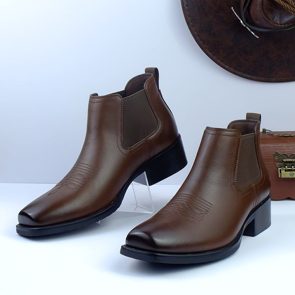 Men's Comfortable Slip-On Boots - Elastic Ankle Boots with Striped Pattern, Upper & Rubber Sole, Square Toe Design for Business, Weddings, Casual Wear - All-Season Versatile British Style, Wedding Shoes | British Style Boots | Elastic Side Boots