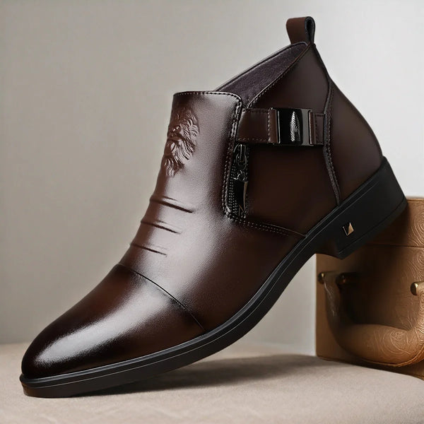 [Stylish Men's Boots] Brown Men's Fashion Boots - Slip-On Ankle High with Embossed Design, Rubber Sole for Business Casual, Weddings, and Casual Attire, Versatile and Durable