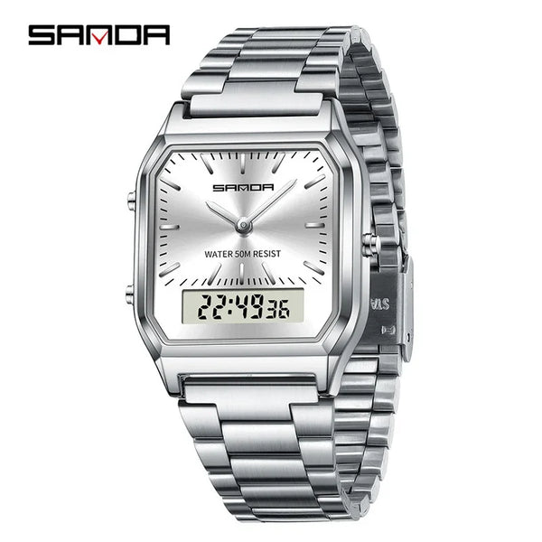 SANDA 747 Unisex Analog-Digital Watch - Stainless steel Strap, 5ATM Waterproof (1968.5inch), Square Dial with Date Window, Compatible with World Time - for Men, Swimming, Gym, Everyday Use - Affordable Luxury Watch, Daily Wear, Stylish Accessory, Highqual