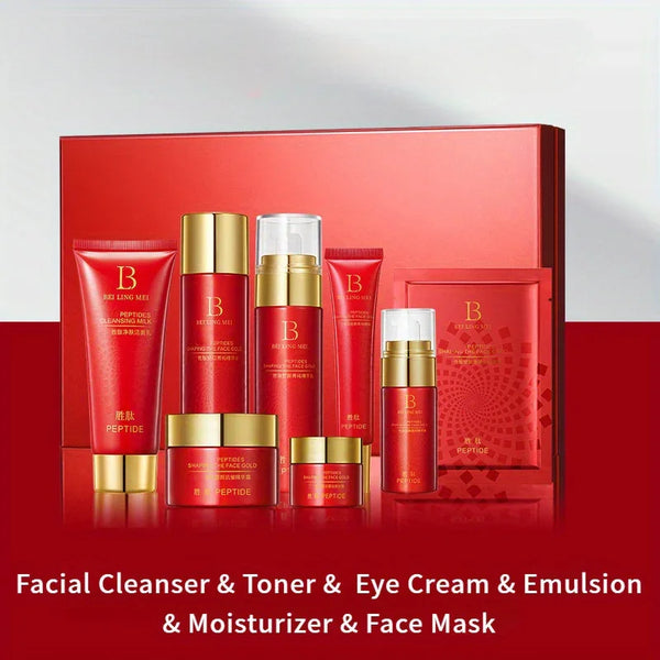 8pcs Peptide Skincare Set - Hydrate & Lock in Moisture with Acetyl Hexapeptide-8 & Hydrolyzed Collagen & Vitamin C - Include Facial Cleanser, Toner, Eye Cream, Serum, Lotion, Cream, mask - Suitable for All Light Beige Typs