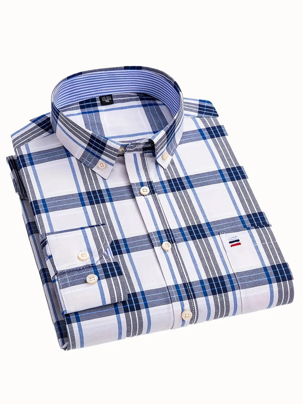 100% Cotton Oxford Men's Long Sleeve Shirt, Fashionable Plaid Design, Striped Collar with Chest Pocket, Classic Versatile Top