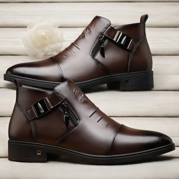 Men'S High Boots- Black, with Double Buckle Straps and Side Zipper, Comfortable Non-slip Rubber Sole, Ankle-high Design, Suitable for Casual or Formal Wear