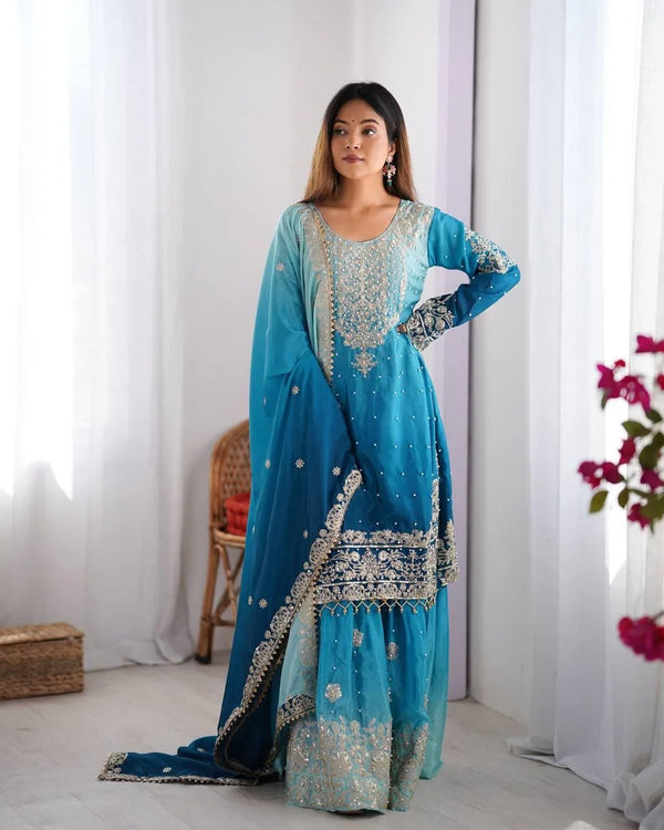 Premium Blue Ready to wear Sharara Suit for women, pakistani Salwar kameez, 3 Piece Indian set, Indian women Ethnic Outfit,Dresses for Women