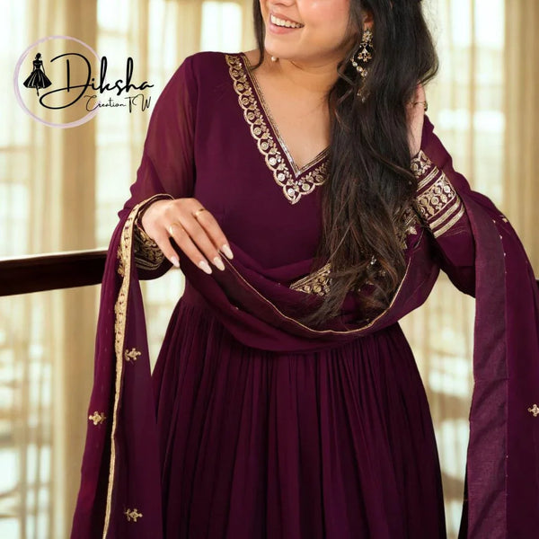 Maroon Red Faux Blooming with Embroidery Zari Sequins work plus size occasion dresses for wedding guests gift for her